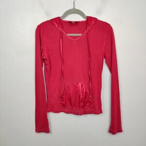 Vintage Y2K Lucky Brand Hooded Top Womens Medium Dark Pink Red Satin Pocket Trim